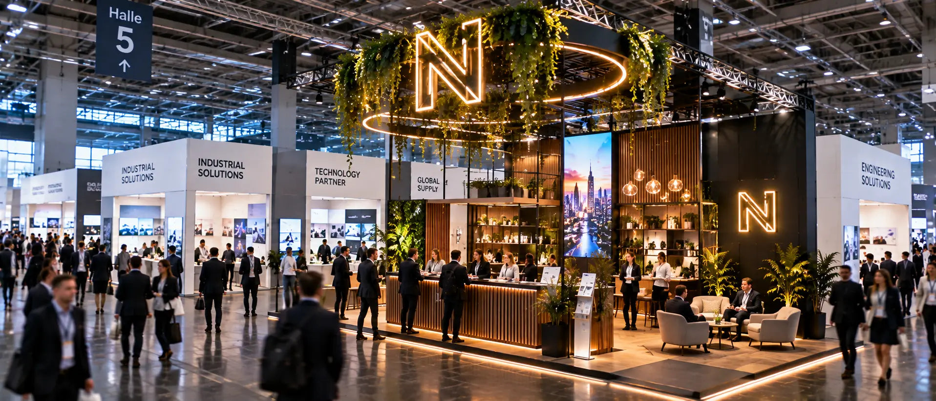 Messestand mit individueller leuchtender Logo-Reklame hebt sich von generisch beschilderten Nachbarständen ab