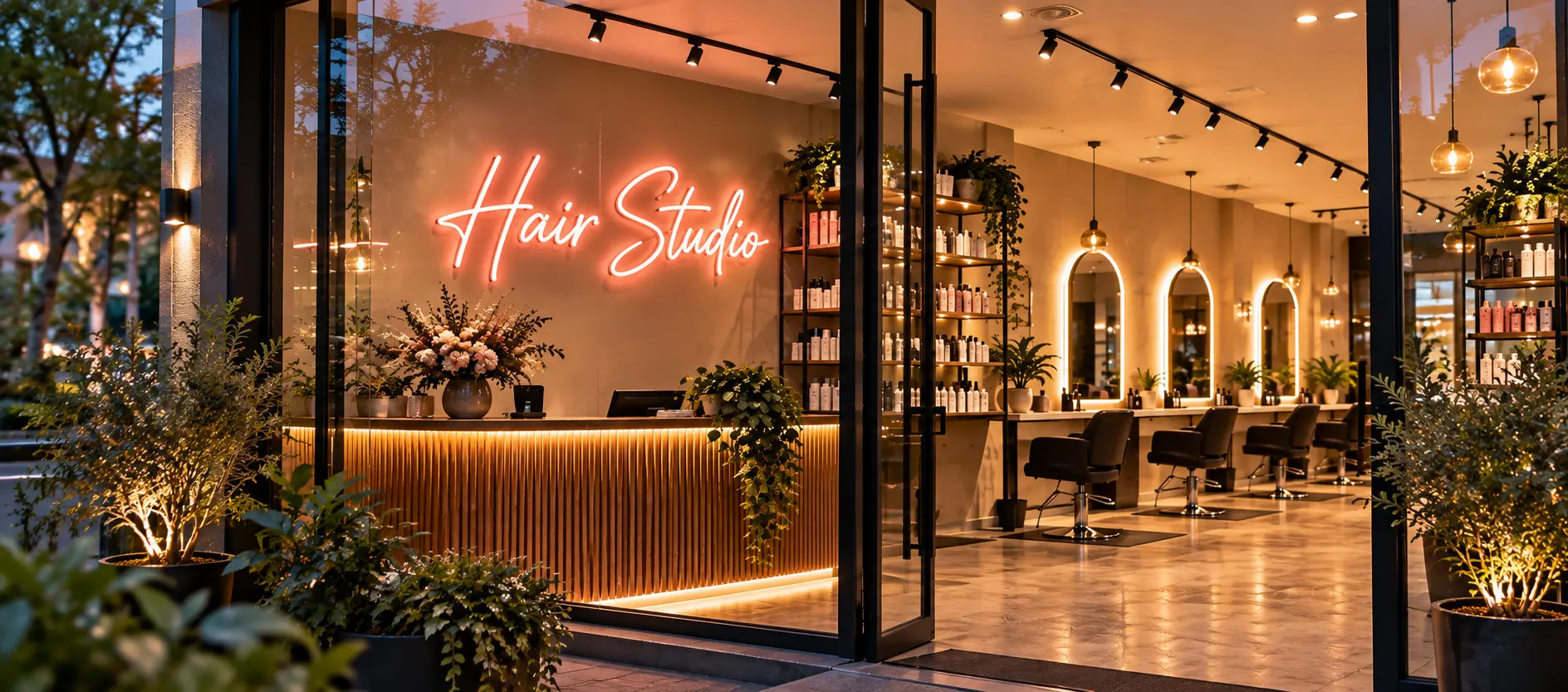 Warmweiß-rosé Neon-Schriftzug mit Salonnamen in einem modernen Friseursalon