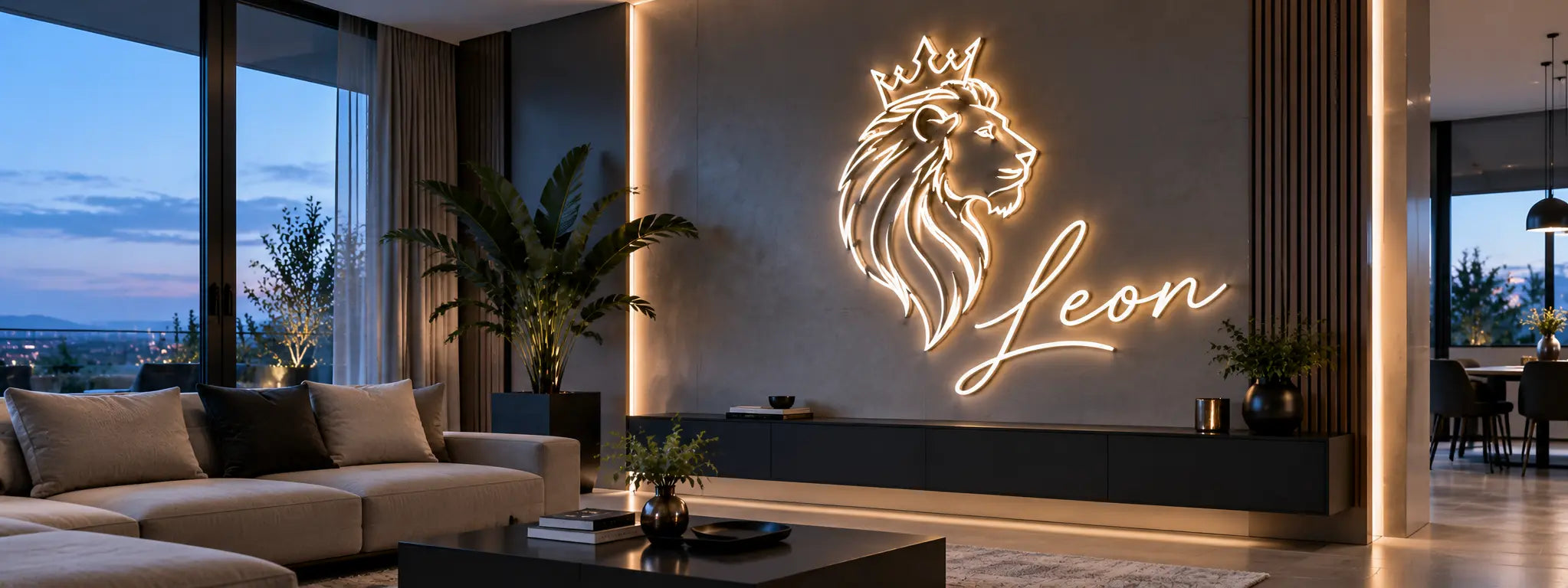 Goldenes Sternzeichen-Löwe-Neonschild mit Symbol und Namen als personalisierte Wanddeko