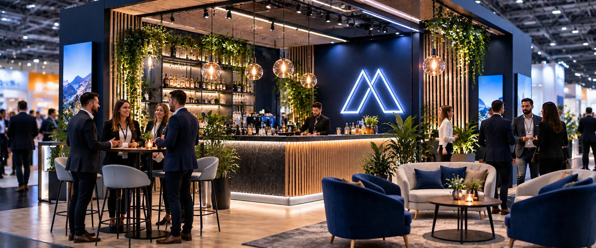 Leuchtendes Marken-Neon-Motiv als Blickfang über der Theke eines modernen Messestands
