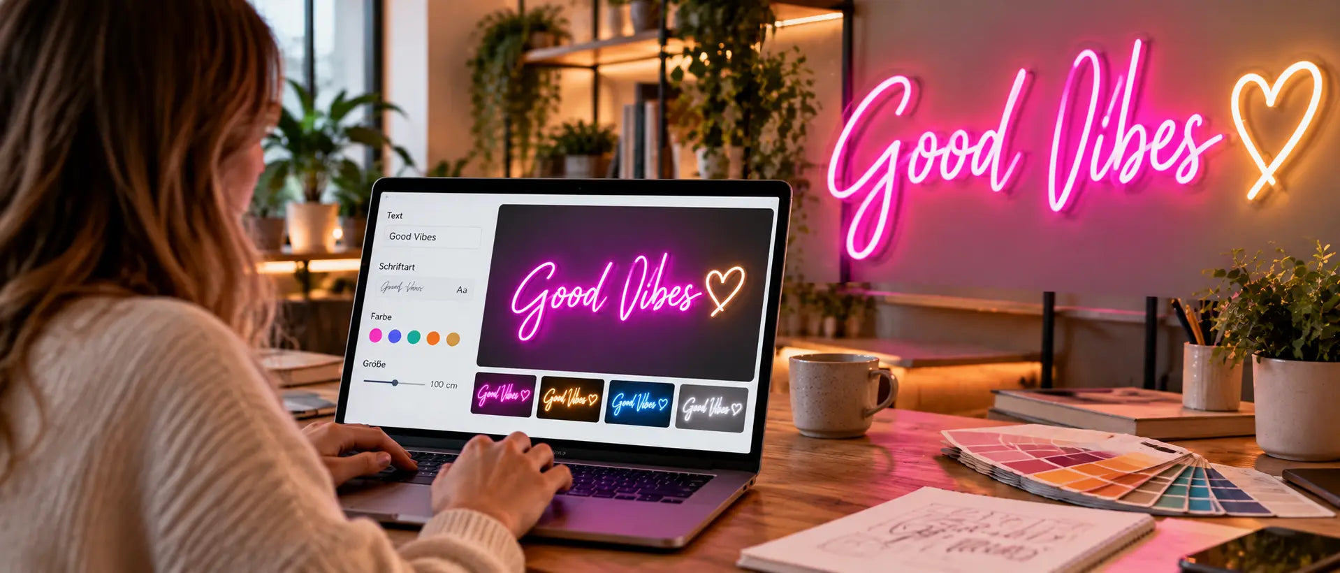 Individuelles Neonschild wird online am Laptop im Konfigurator gestaltet, daneben das fertige Leuchtschild