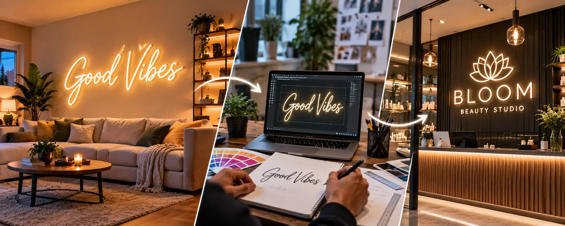 Individuelles Neon-Sign als Wohndeko und als Geschäftslogo, gestaltet nach demselben Prozess