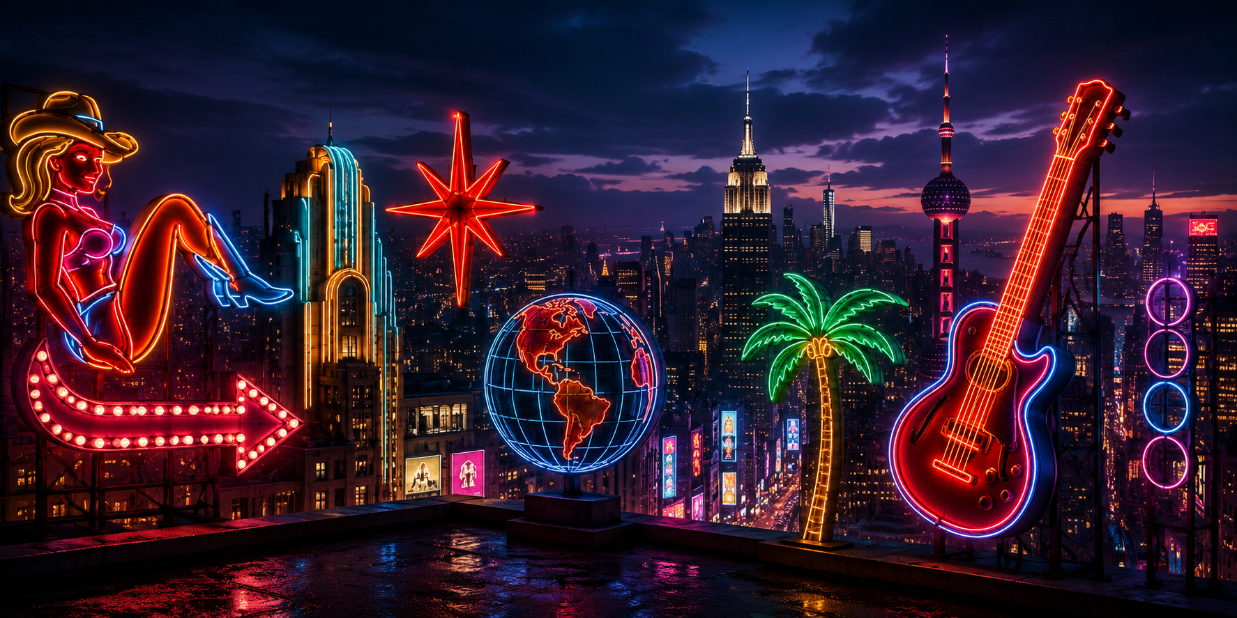 Collage berühmter Neon-Schilder aus Las Vegas, Times Square, Piccadilly Circus und Hongkong bei Nacht