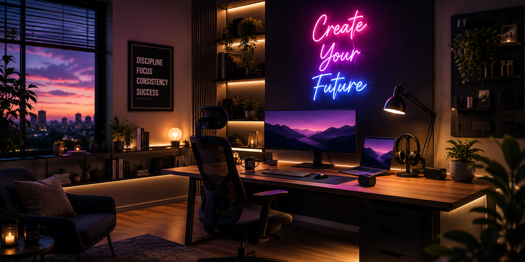 Modernes Home Office mit dezentem warmweißem LED-Neon-Schriftzug über dem Schreibtisch als Akzentwand