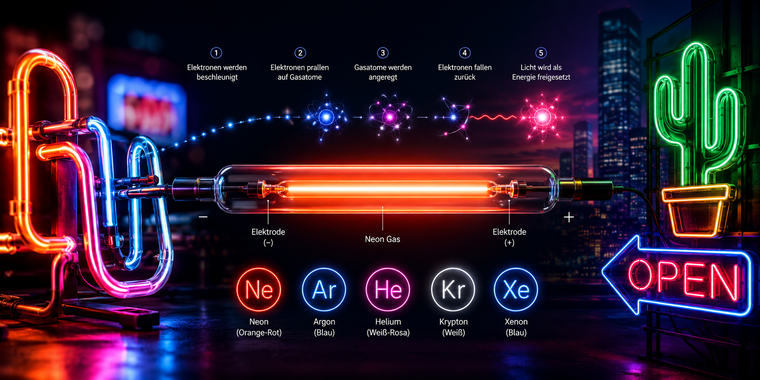 Leuchtende Neonröhre mit Diagramm zur Gasentladung – wie Neonlicht entsteht